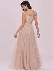 Flesh A-Line Backless Sequined Tulle Floor-Length Evening Dress