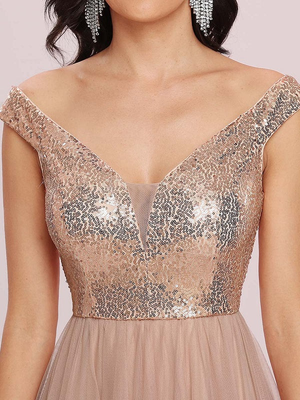Flesh A-Line Backless Sequined Tulle Floor-Length Evening Dress