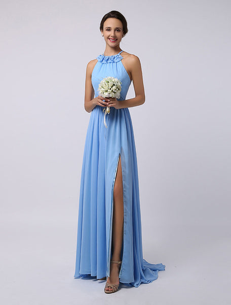 Floor-Length High-split Halter A-Line Draped Chiffon Bridesmaid Dress
