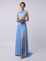 Floor-Length High-split Halter A-Line Draped Chiffon Bridesmaid Dress