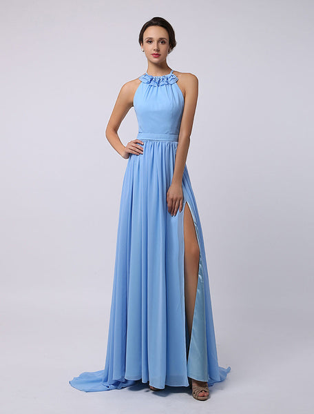 Floor-Length High-split Halter A-Line Draped Chiffon Bridesmaid Dress