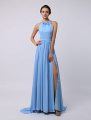 Floor-Length High-split Halter A-Line Draped Chiffon Bridesmaid Dress