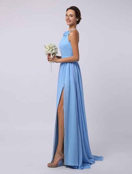 Floor-Length High-split Halter A-Line Draped Chiffon Bridesmaid Dress