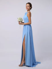 Floor-Length High-split Halter A-Line Draped Chiffon Bridesmaid Dress