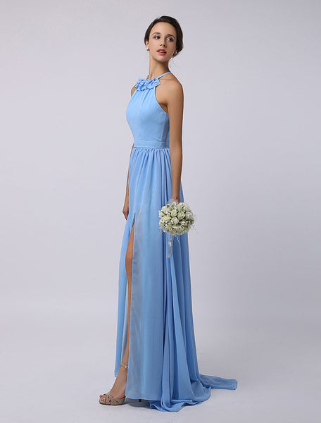 Floor-Length High-split Halter A-Line Draped Chiffon Bridesmaid Dress