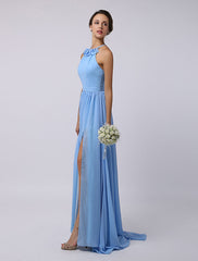 Floor-Length High-split Halter A-Line Draped Chiffon Bridesmaid Dress