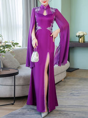 Floral Applique Long Sleeves Cut Out Maxi Dress