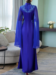 Floral Applique Long Sleeves Cut Out Maxi Dress