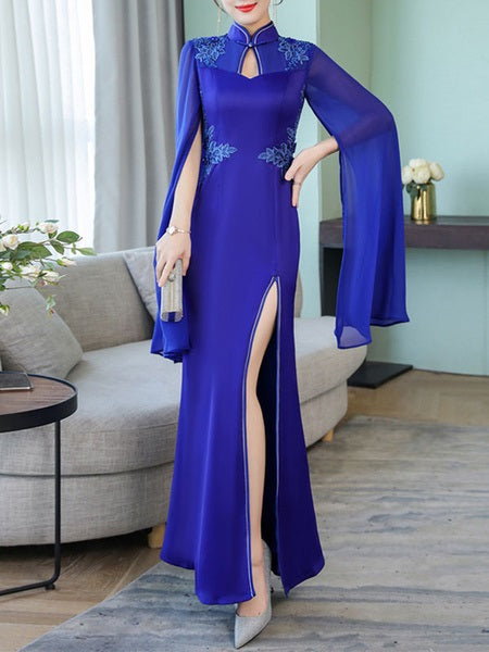 Floral Applique Long Sleeves Cut Out Maxi Dress