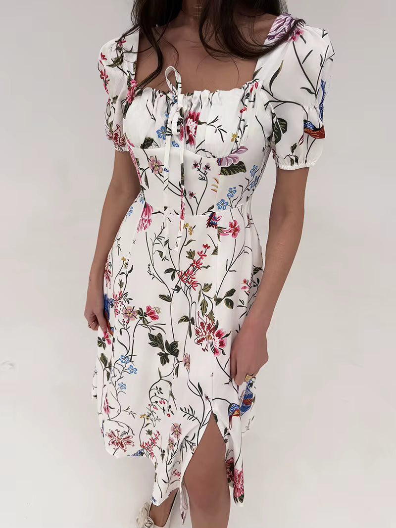 Floral Backless Bandage Short Sleeve Beach High Slit Bodycon Midi Dress
