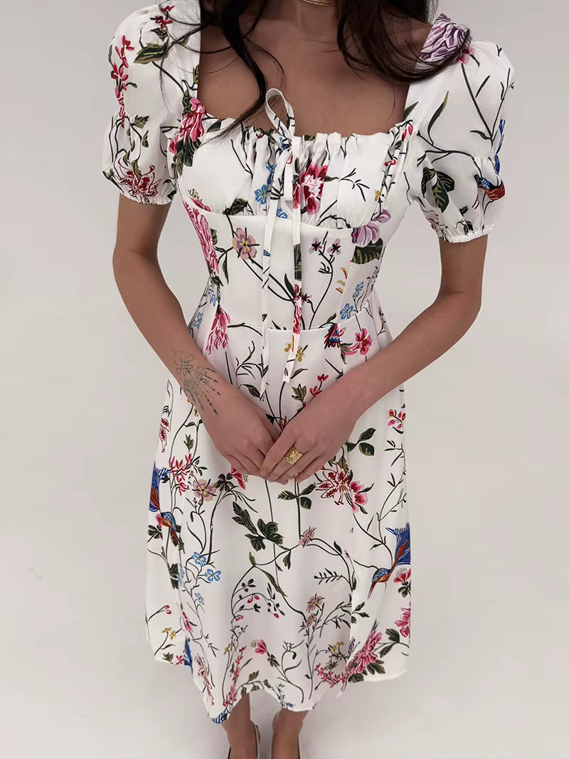 Floral Backless Bandage Short Sleeve Beach High Slit Bodycon Midi Dress