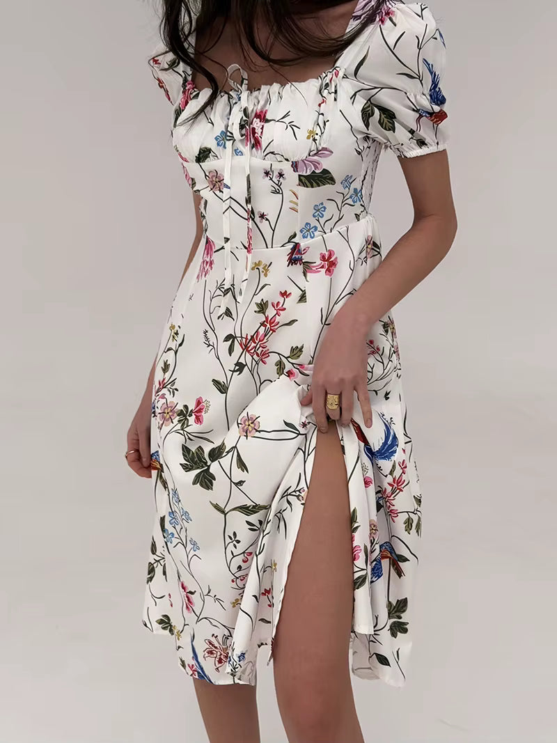 Floral Backless Bandage Short Sleeve Beach High Slit Bodycon Midi Dress