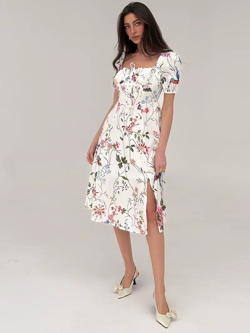 Floral Backless Bandage Short Sleeve Beach High Slit Bodycon Midi Dress