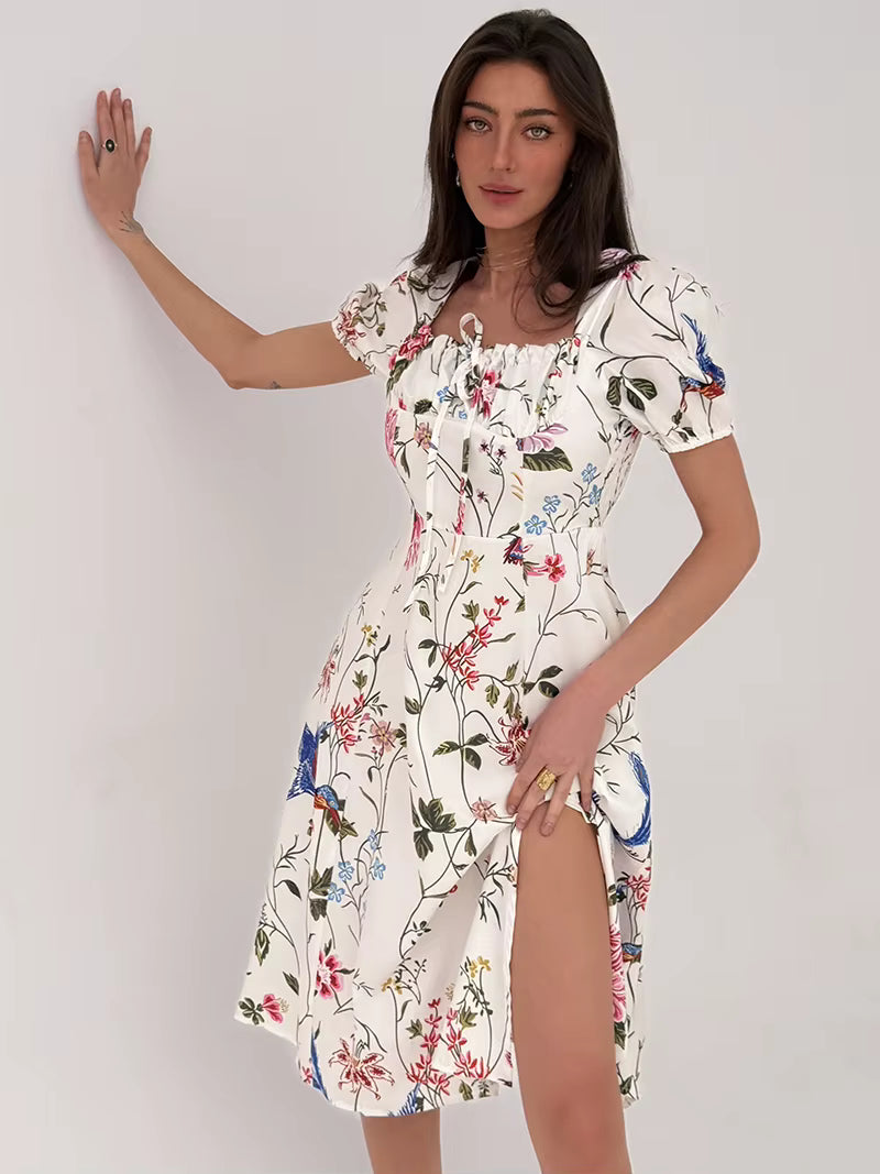Floral Backless Bandage Short Sleeve Beach High Slit Bodycon Midi Dress