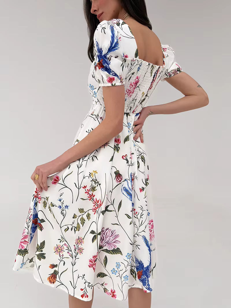 Floral Backless Bandage Short Sleeve Beach High Slit Bodycon Midi Dress