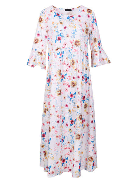 Floral Bell Sleeve Cotton Blend Maxi Dresses