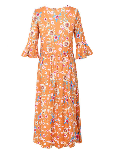Floral Bell Sleeve Cotton Blend Maxi Dresses