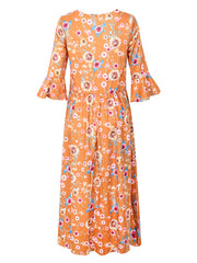Floral Bell Sleeve Cotton Blend Maxi Dresses