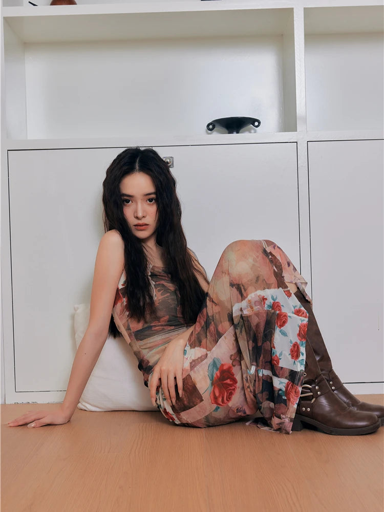 Floral Butterfly Print Mesh A Line Party Night Long Bodycon Slip Dress