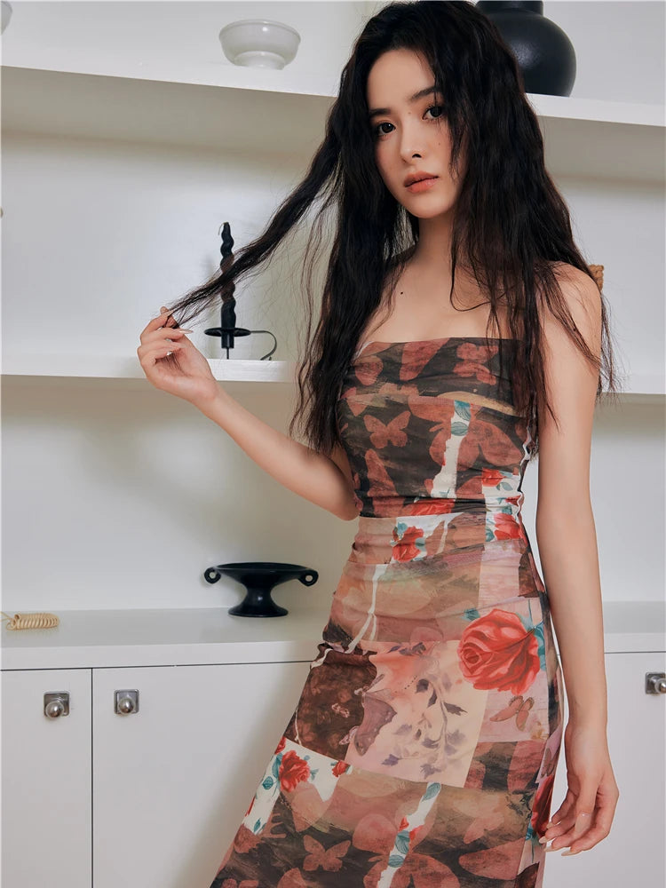 Floral Butterfly Print Mesh A Line Party Night Long Bodycon Slip Dress