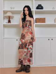 Floral Butterfly Print Mesh A Line Party Night Long Bodycon Slip Dress