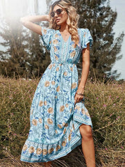 Floral Casual V Neck High Waist Ruffle Print Dress