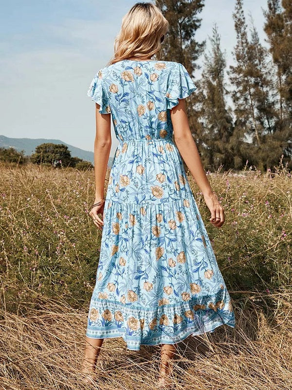 Floral Casual V Neck High Waist Ruffle Print Dress