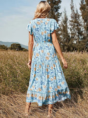 Floral Casual V Neck High Waist Ruffle Print Dress