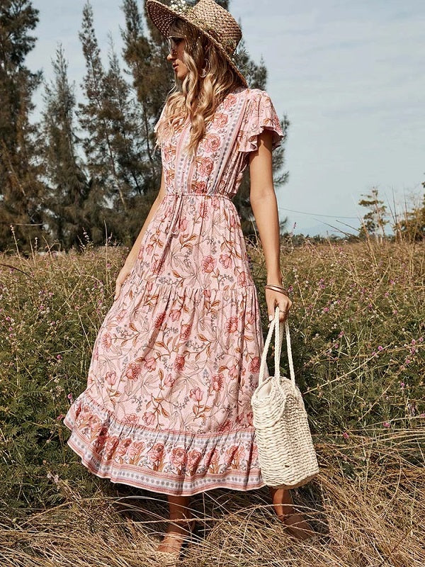 Floral Casual V Neck High Waist Ruffle Print Dress