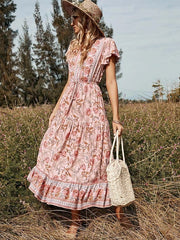 Floral Casual V Neck High Waist Ruffle Print Dress