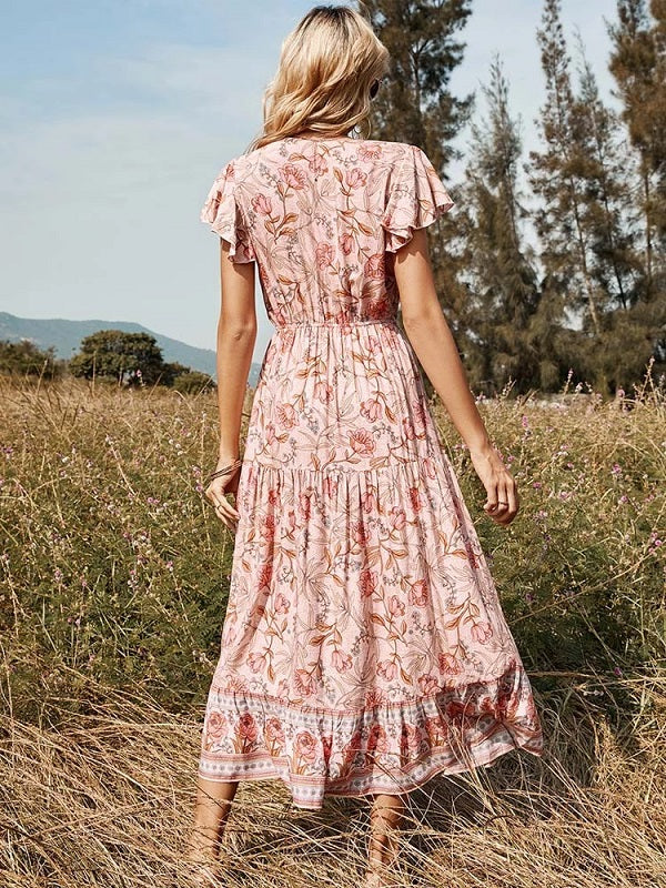 Floral Casual V Neck High Waist Ruffle Print Dress