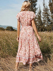 Floral Casual V Neck High Waist Ruffle Print Dress