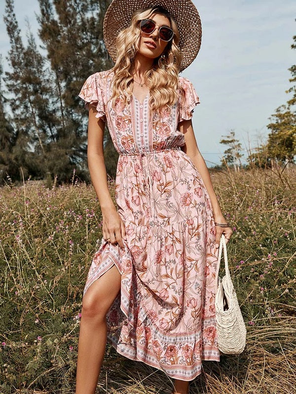 Floral Casual V Neck High Waist Ruffle Print Dress