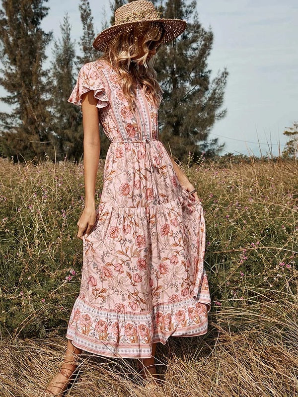 Floral Casual V Neck High Waist Ruffle Print Dress