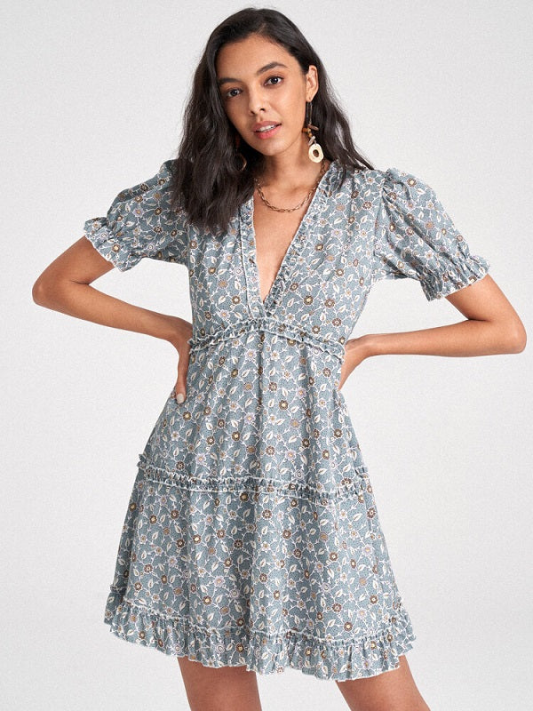 Floral Chiffon Deep V-neck Puff Sleeve Lettuce Edge Dress
