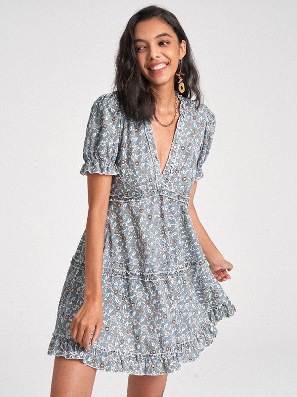 Floral Chiffon Deep V-neck Puff Sleeve Lettuce Edge Dress