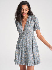 Floral Chiffon Deep V-neck Puff Sleeve Lettuce Edge Dress