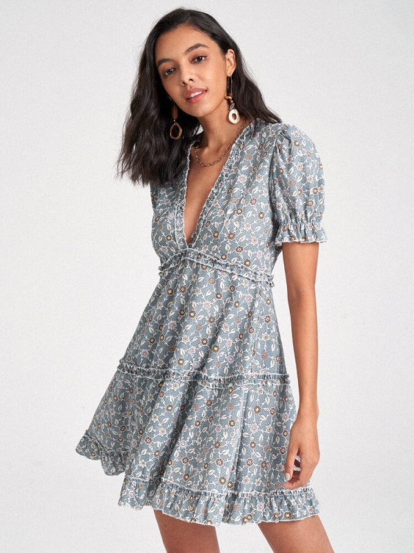 Floral Chiffon Deep V-neck Puff Sleeve Lettuce Edge Dress