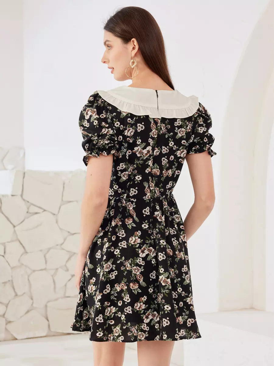Casual Floral Cottage Sailor Collar Puff Sleeves A-Line Mini Dress