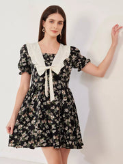 Casual Floral Cottage Sailor Collar Puff Sleeves A-Line Mini Dress