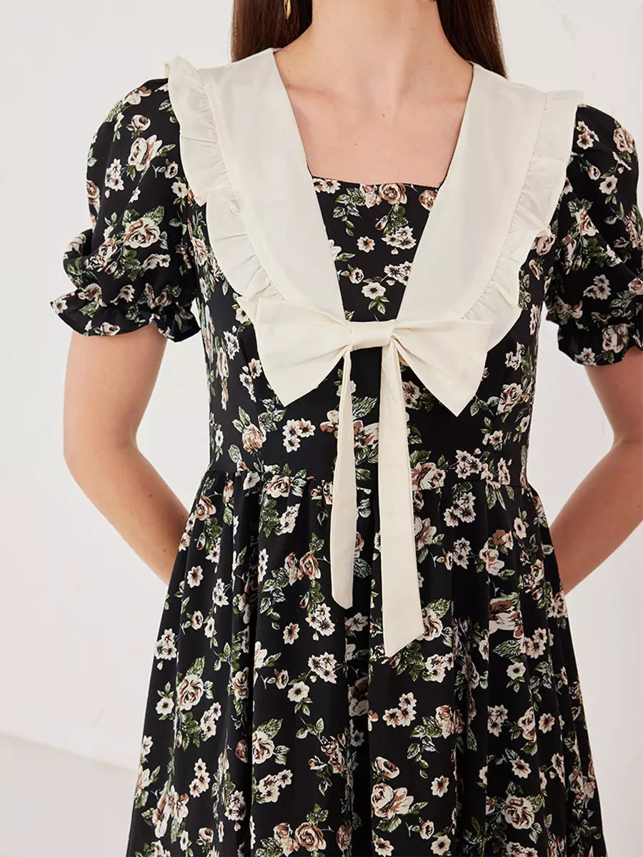 Casual Floral Cottage Sailor Collar Puff Sleeves A-Line Mini Dress