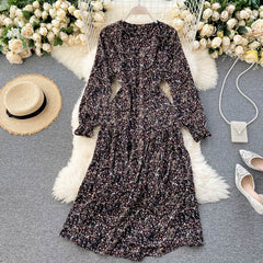 Floral Dress Long Sleeve O Neck A-line Bohemian Print Romantic Holiday Dress