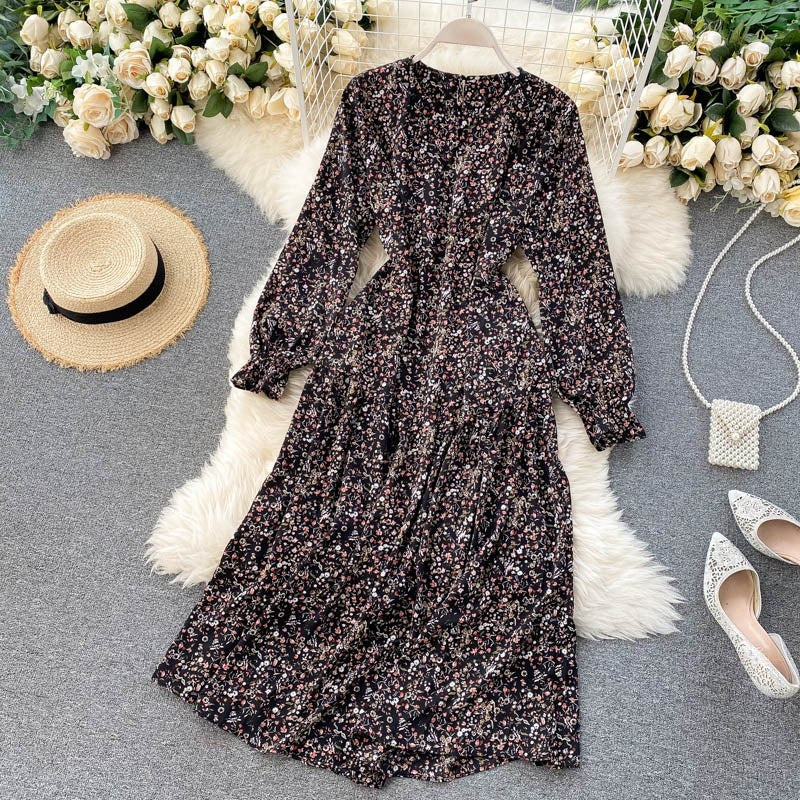 Floral Dress Long Sleeve O Neck A-line Bohemian Print Romantic Holiday Dress