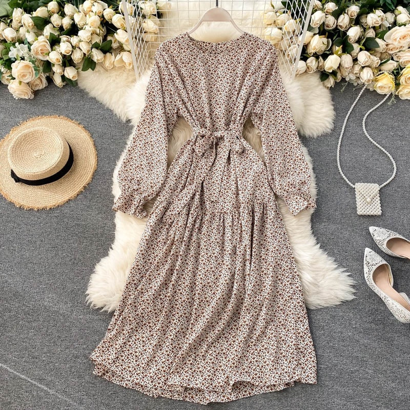 Floral Dress Long Sleeve O Neck A-line Bohemian Print Romantic Holiday Dress