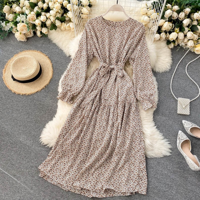 Floral Dress Long Sleeve O Neck A-line Bohemian Print Romantic Holiday Dress