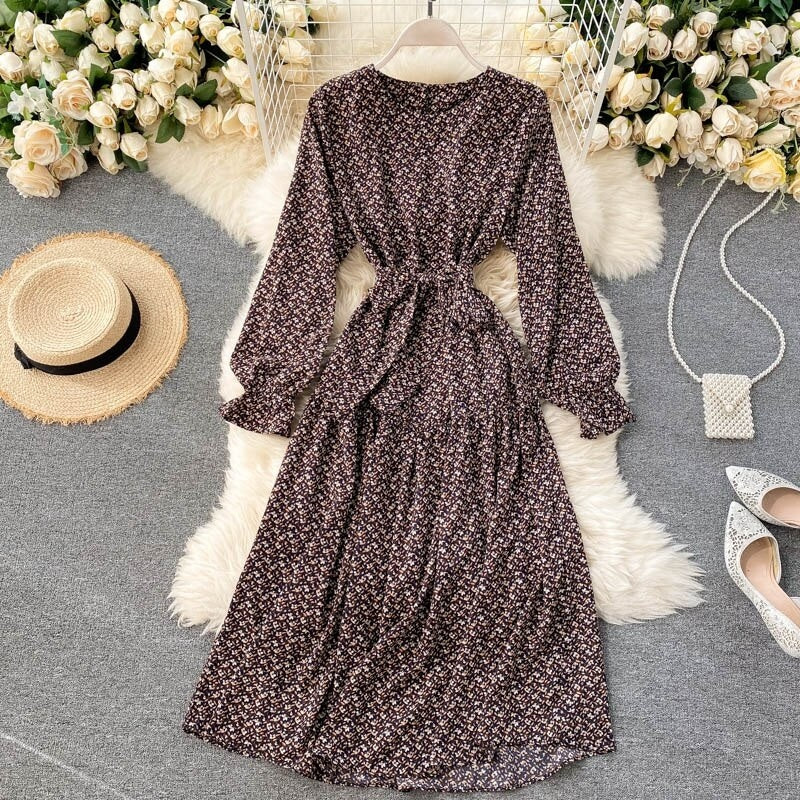Floral Dress Long Sleeve O Neck A-line Bohemian Print Romantic Holiday Dress