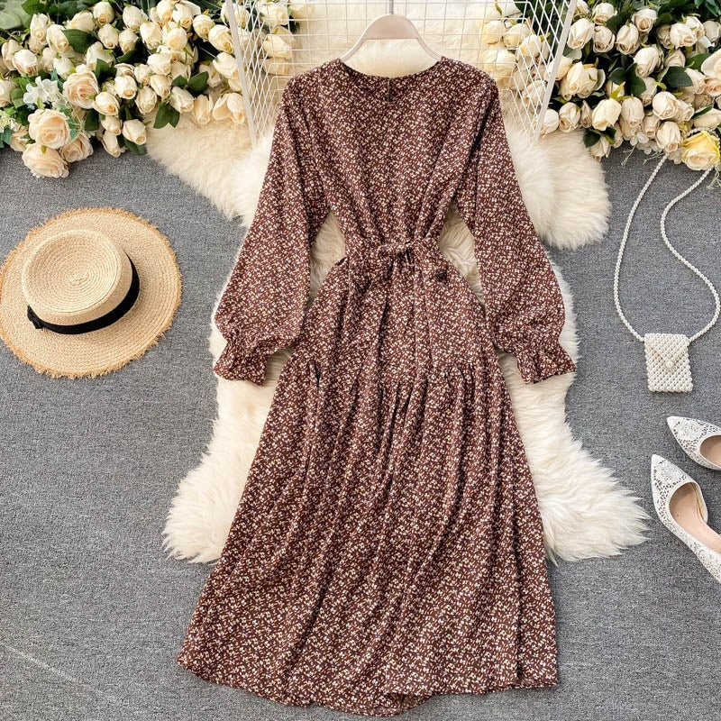 Floral Dress Long Sleeve O Neck A-line Bohemian Print Romantic Holiday Dress