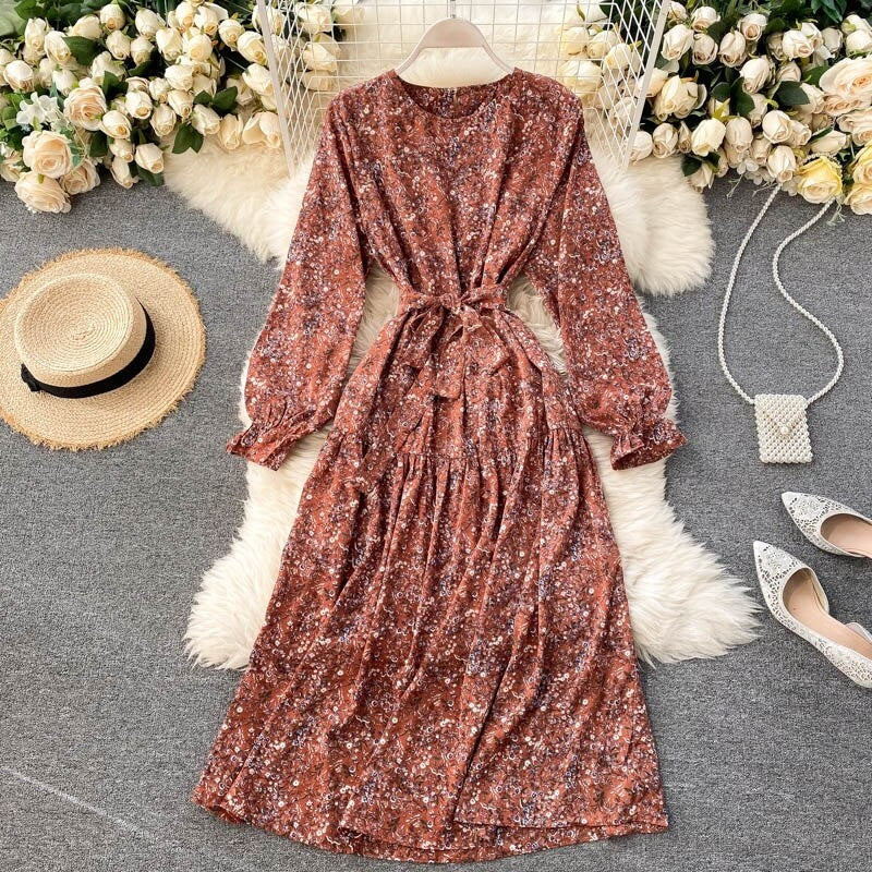 Floral Dress Long Sleeve O Neck A-line Bohemian Print Romantic Holiday Dress