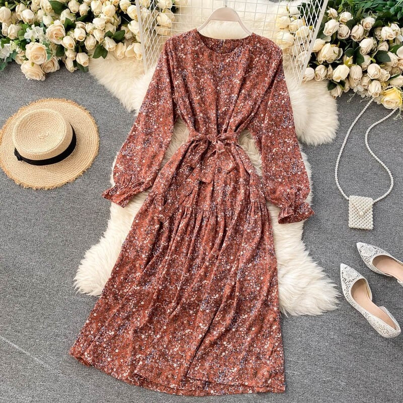 Floral Dress Long Sleeve O Neck A-line Bohemian Print Romantic Holiday Dress