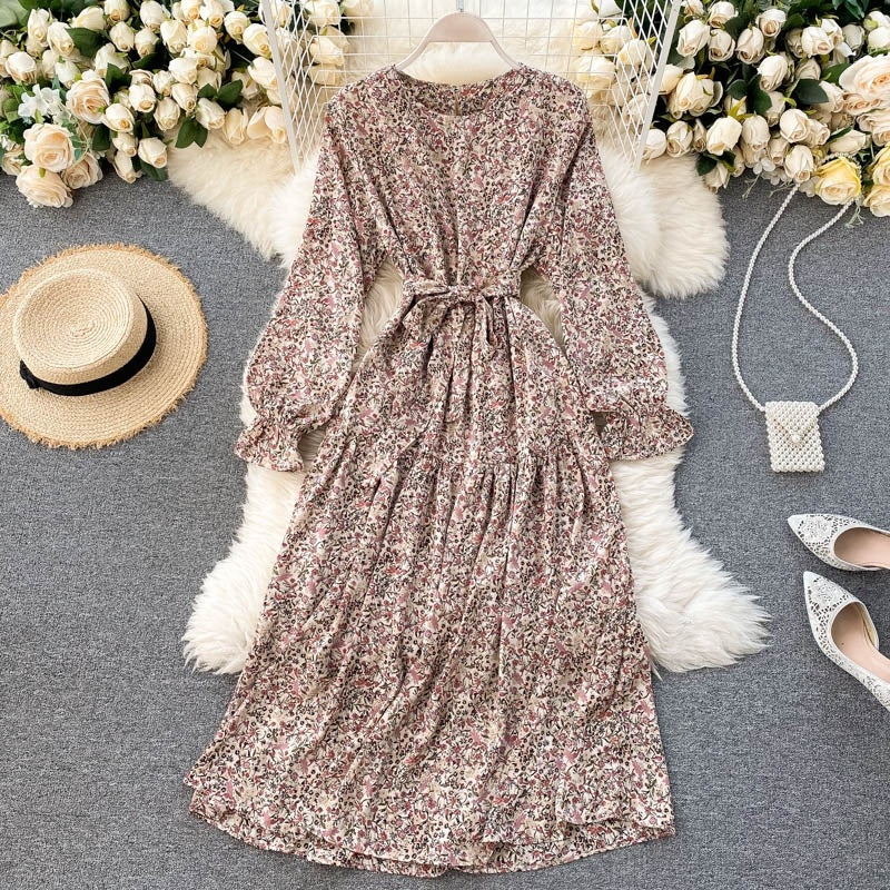 Floral Dress Long Sleeve O Neck A-line Bohemian Print Romantic Holiday Dress